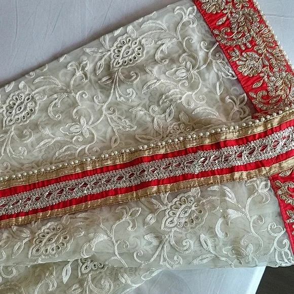 White and red net saree - Picture 7 of 9